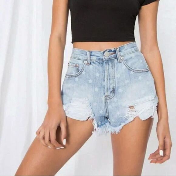 SUPERDOWN Revolve Kenzie Star Print Distressed Denim Jean Shorts High Rise - Picture 1 of 6